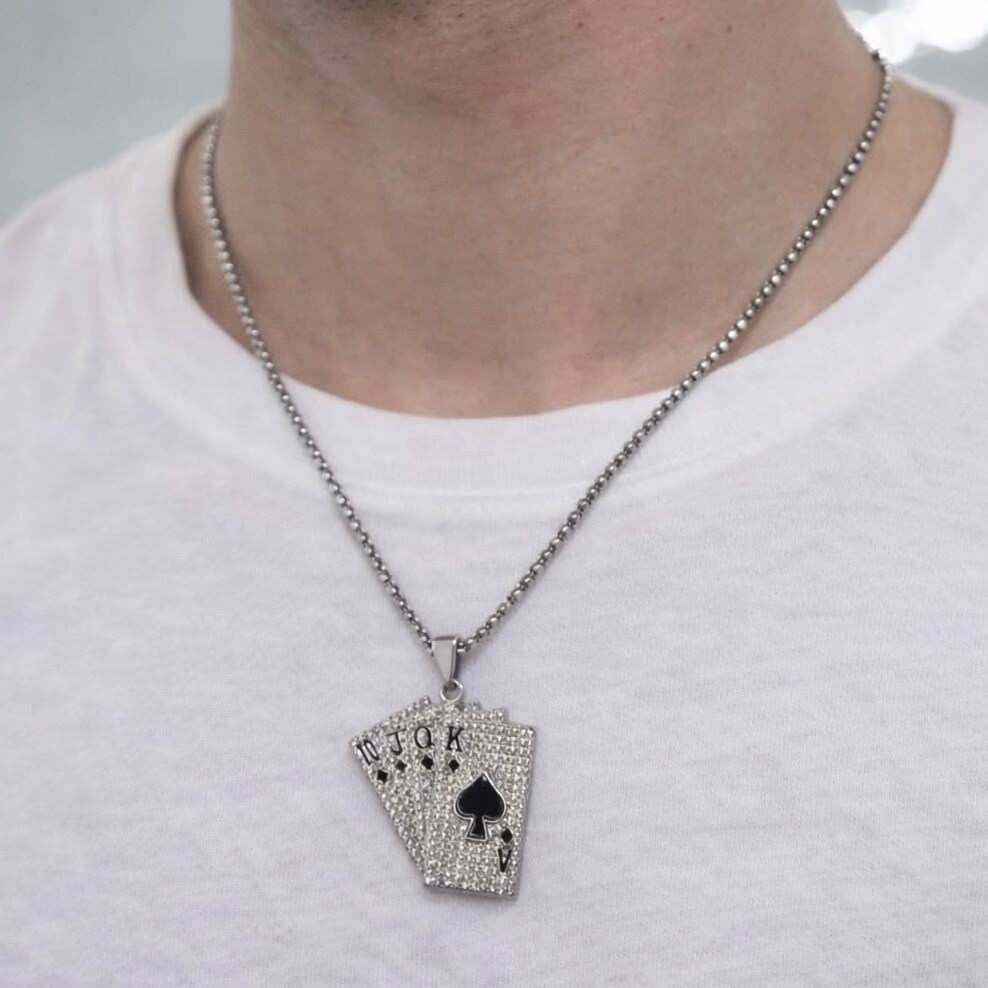 🕰️ ✦ Neon Royal Flush Rhinestone Pendant in Black & Silver 829