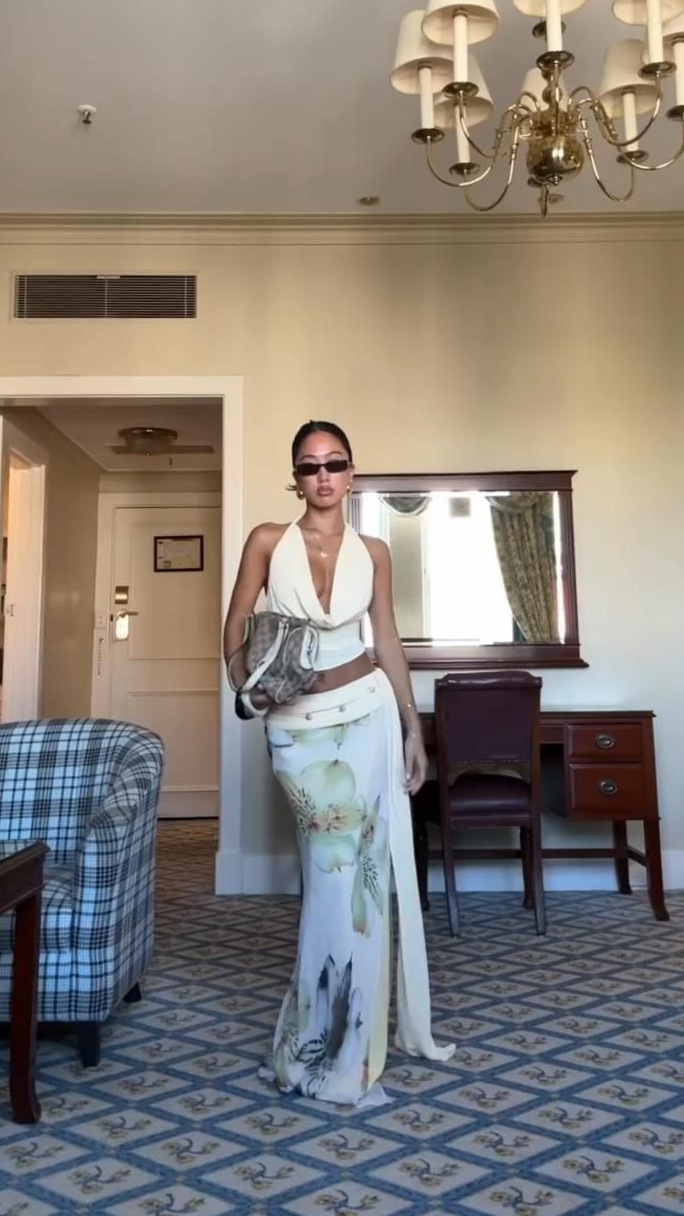 Neon Ruched Elegance: Cowl Halter Set with Bold Florals — visual vibe curator 👢 766