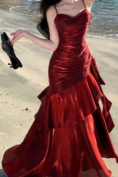 🌟 🌟 ⟡ Neon Satin Drama: Ruffled Vintage Glam Party Gown in Red 491