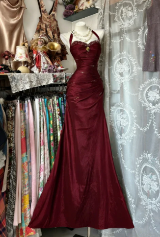 Neon Satin Halter Mermaid Dress in Vintage Blue Elegance — 🧿 187