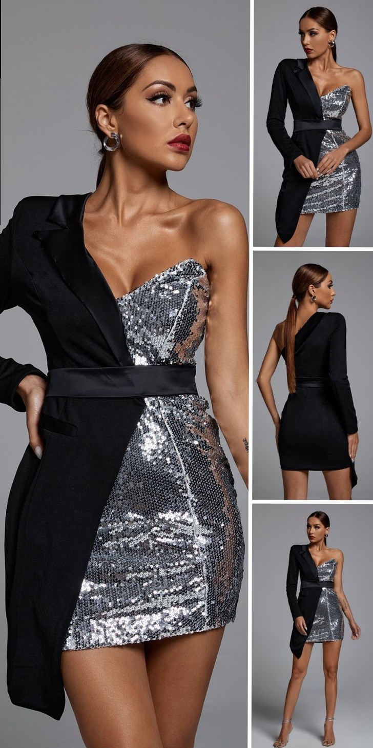 🎆 Neon Sequin Blazer Dress in Vintage Silver Glam 433