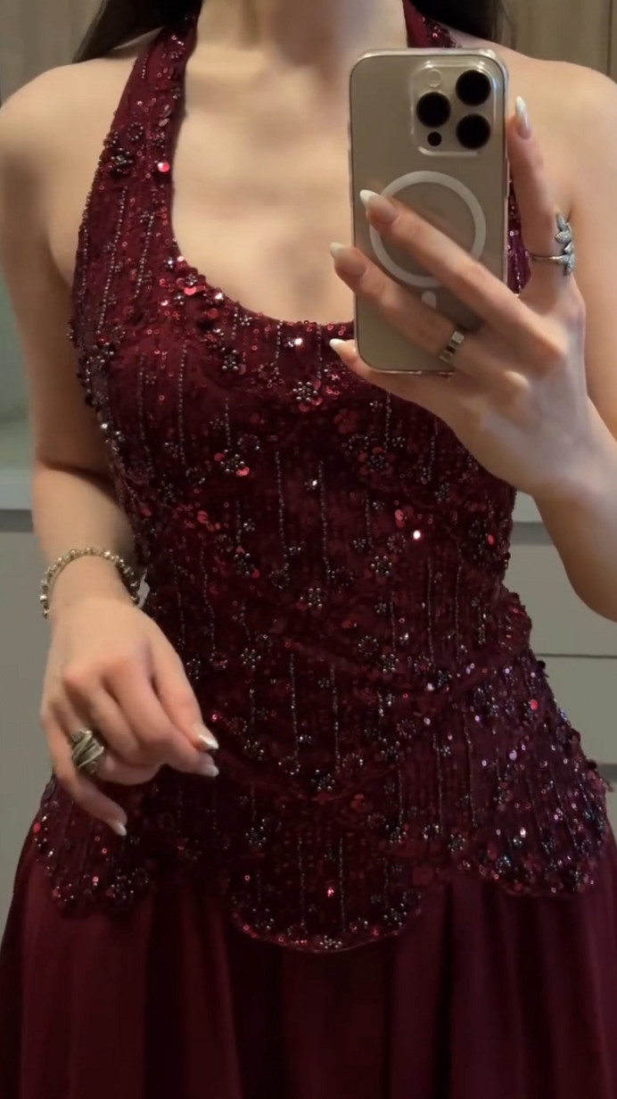 👠 ⟡ Neon Sequin Halter Glimmer Dress in Vintage Glam Style 876