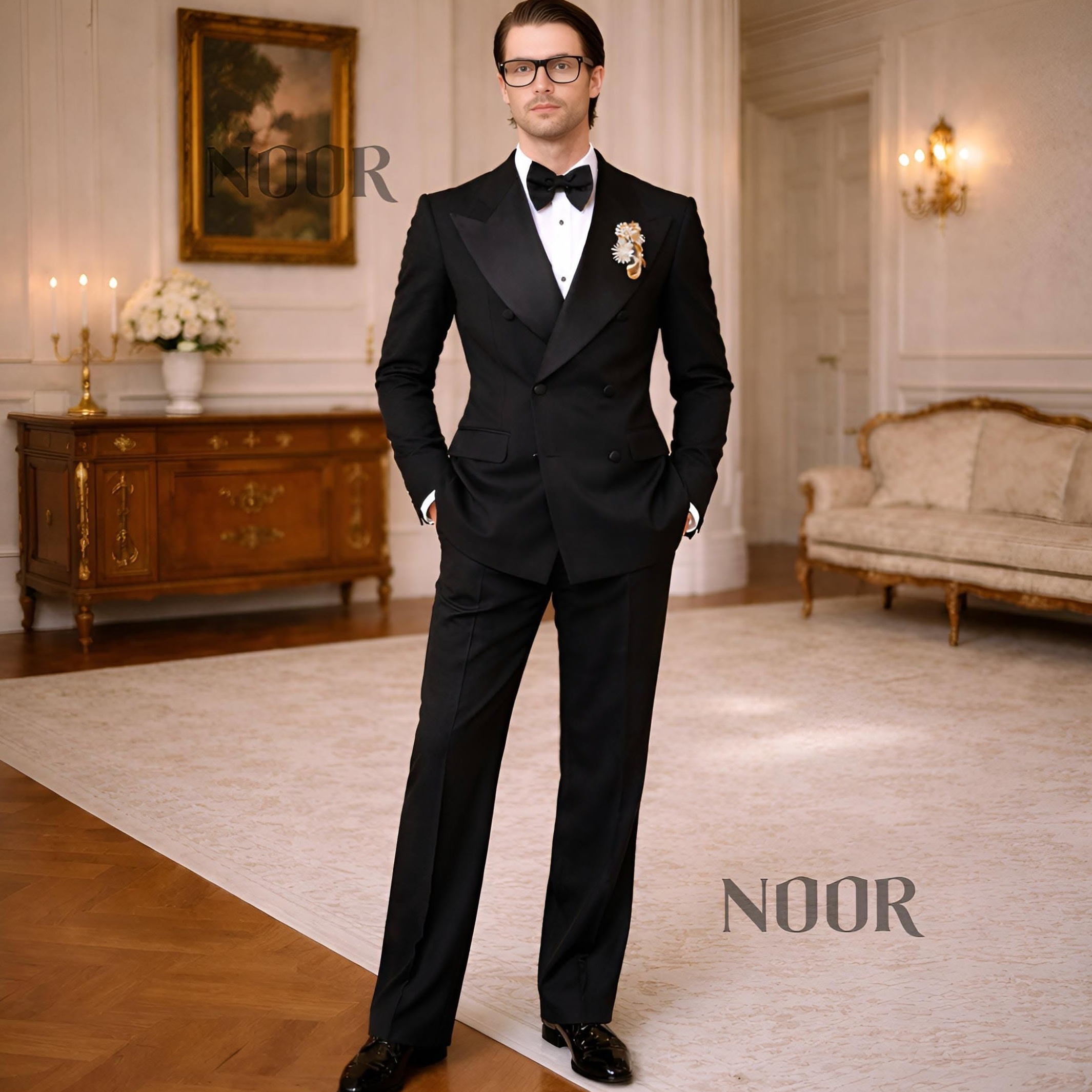 Neon-Trimmed Double-Breasted Groom Suit in Vintage Black Tuxedo Elegance ⟐ vinta 559