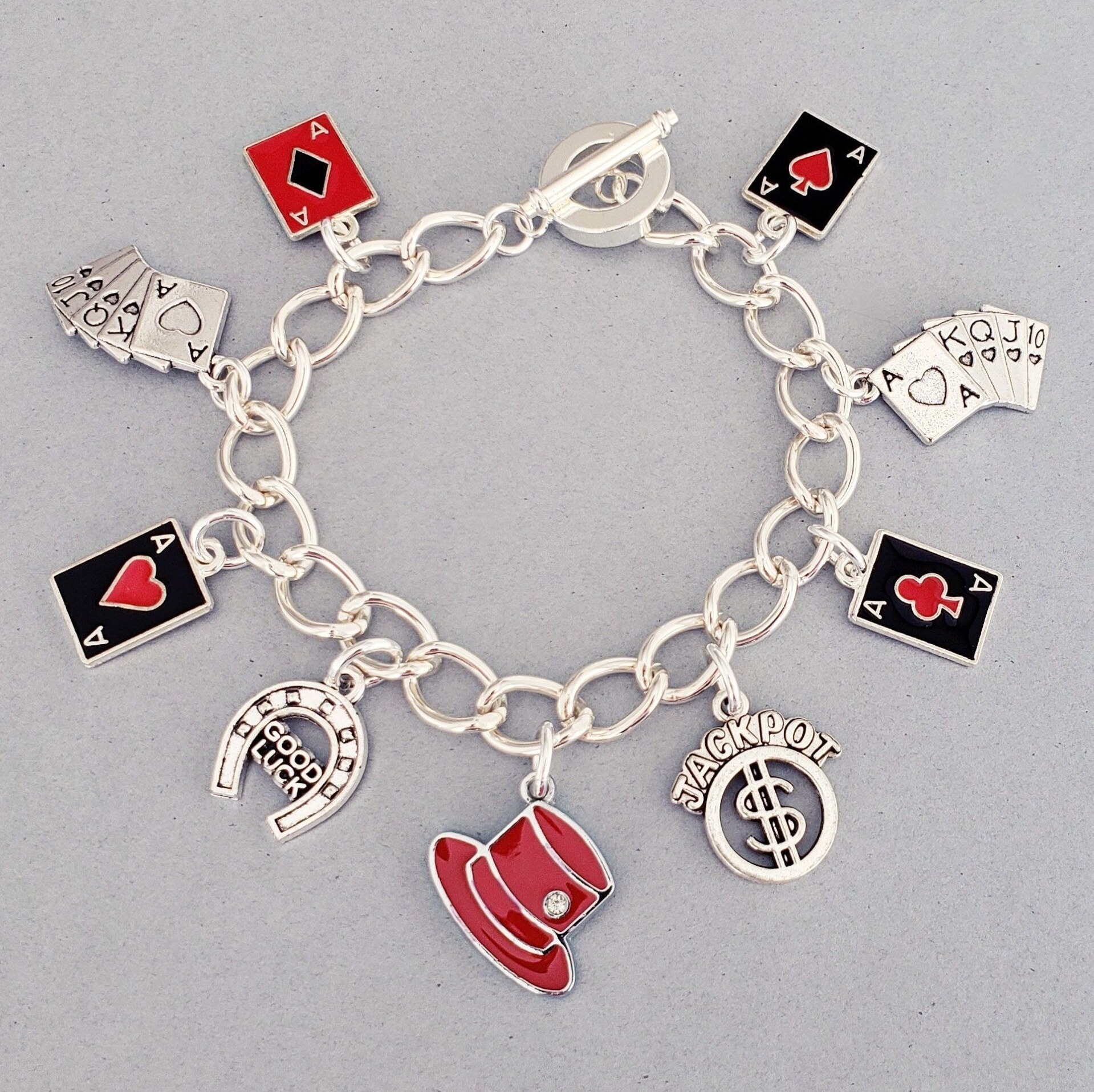 🕶️ ⟡ Neon Vegas Elegance: Enamel Ace Charm & Top Hat Bracelet Art 947