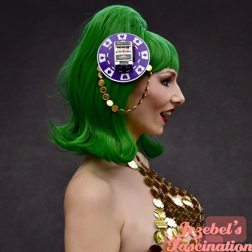 🧿 Neon Vegas Glam Headpiece, Coin Burlesque Fascinator, Retro Game Art Choker |  278