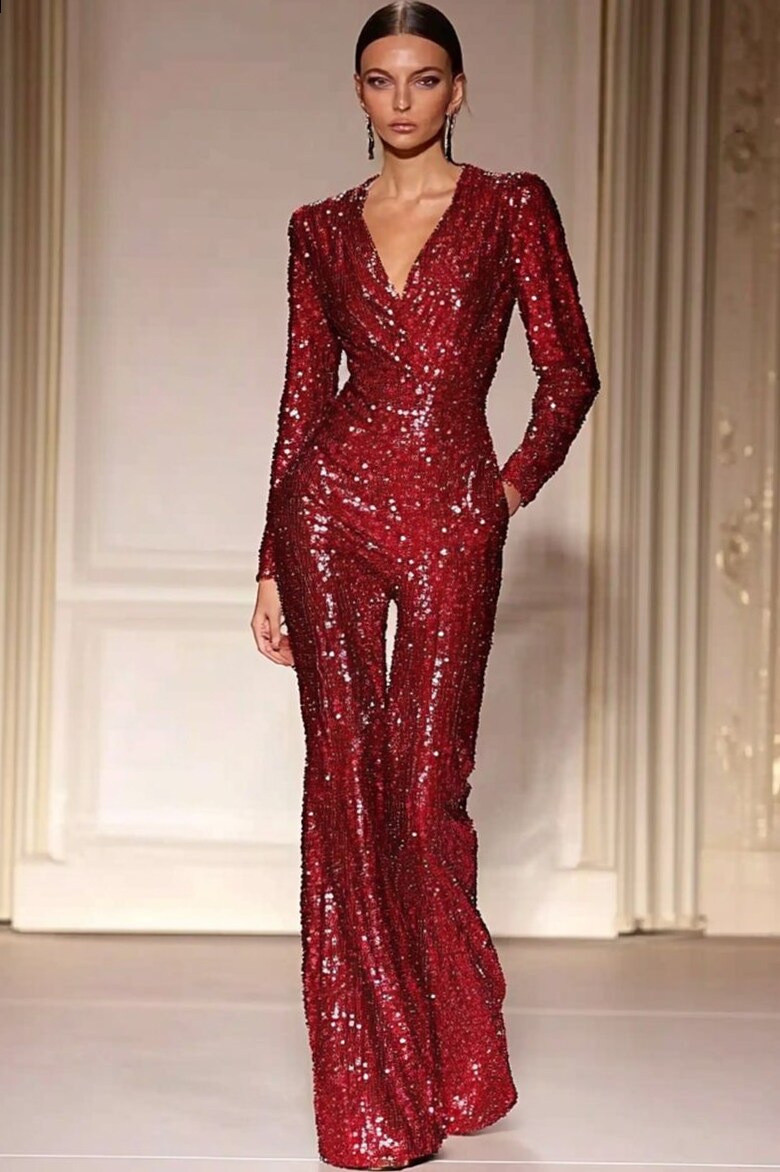 ✨ Neon Velvet Rapture Red Sequin Jumpsuit | festive vibes activated 773