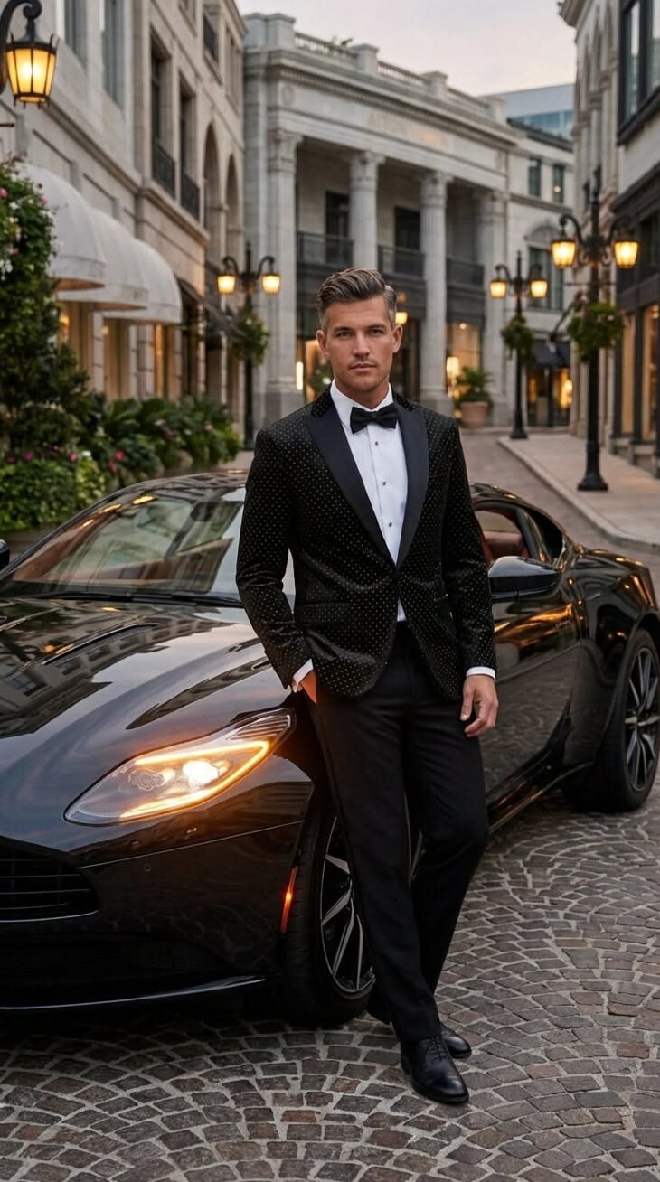 💎 | Neon Velvet Tuxedo Blazer: Polka Dots, Satin Lapel, Short Fit & Bow Tie | ae 873