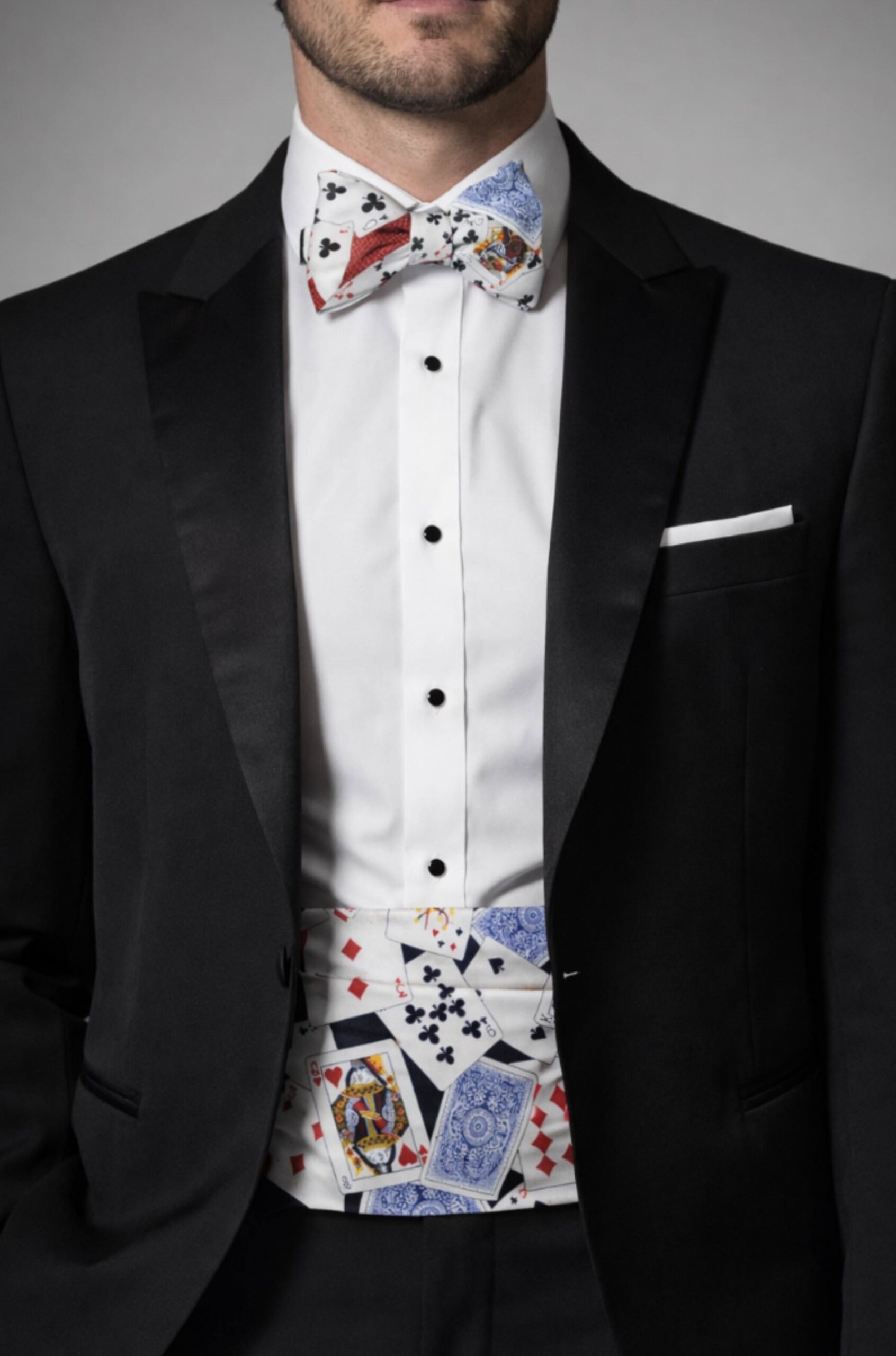 Neon Velvet Tuxedo with Card-Print Cummerbund & Tie, Vintage Vegas Elegance ⟐ af 686