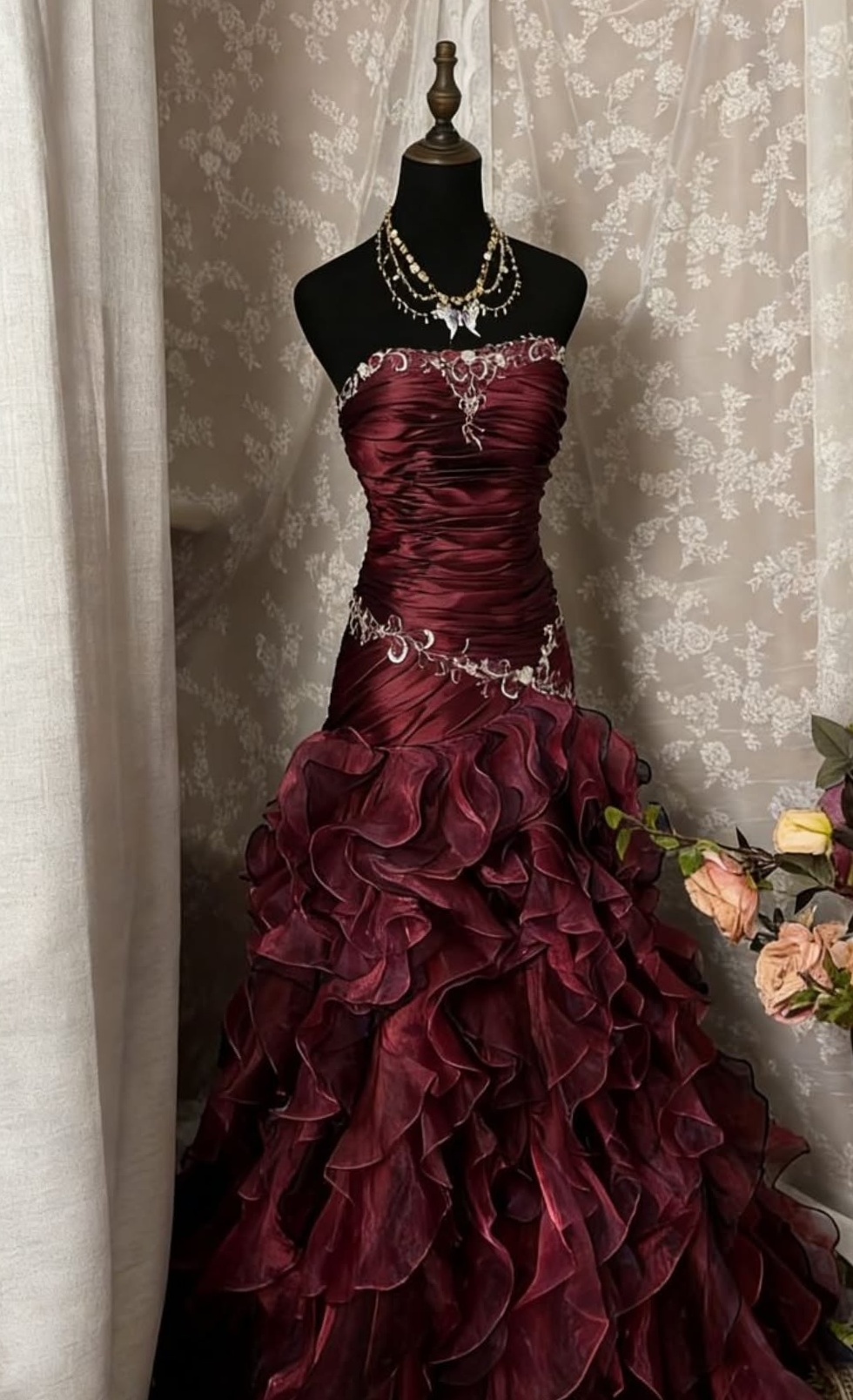 💜 🌃 | Neon Whispers in a Vintage Red Gown | style study session 798