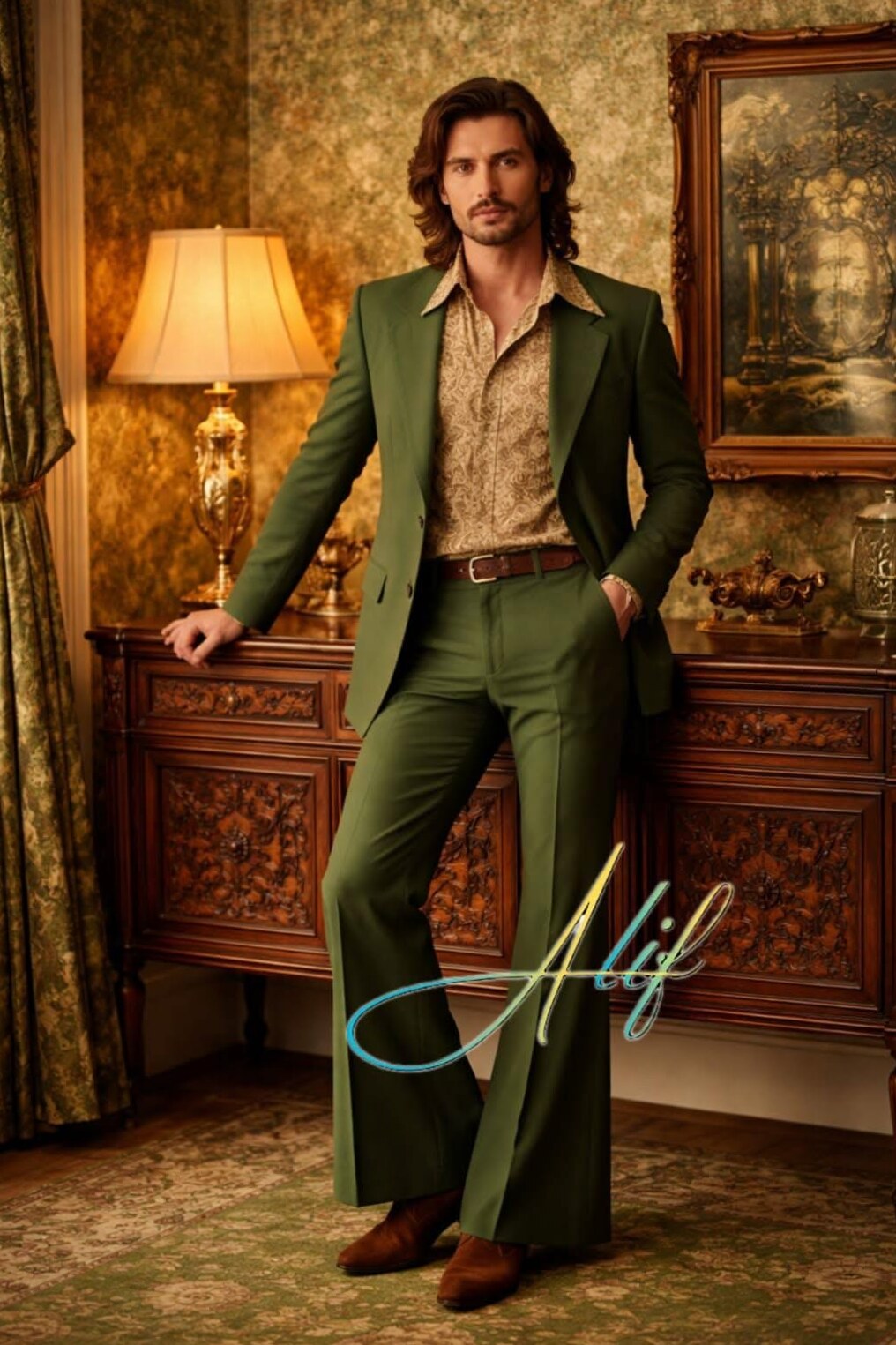 old hollywood glam • Retro Glamour: 70s Flared Suit in Olive Green 🛳️ 253