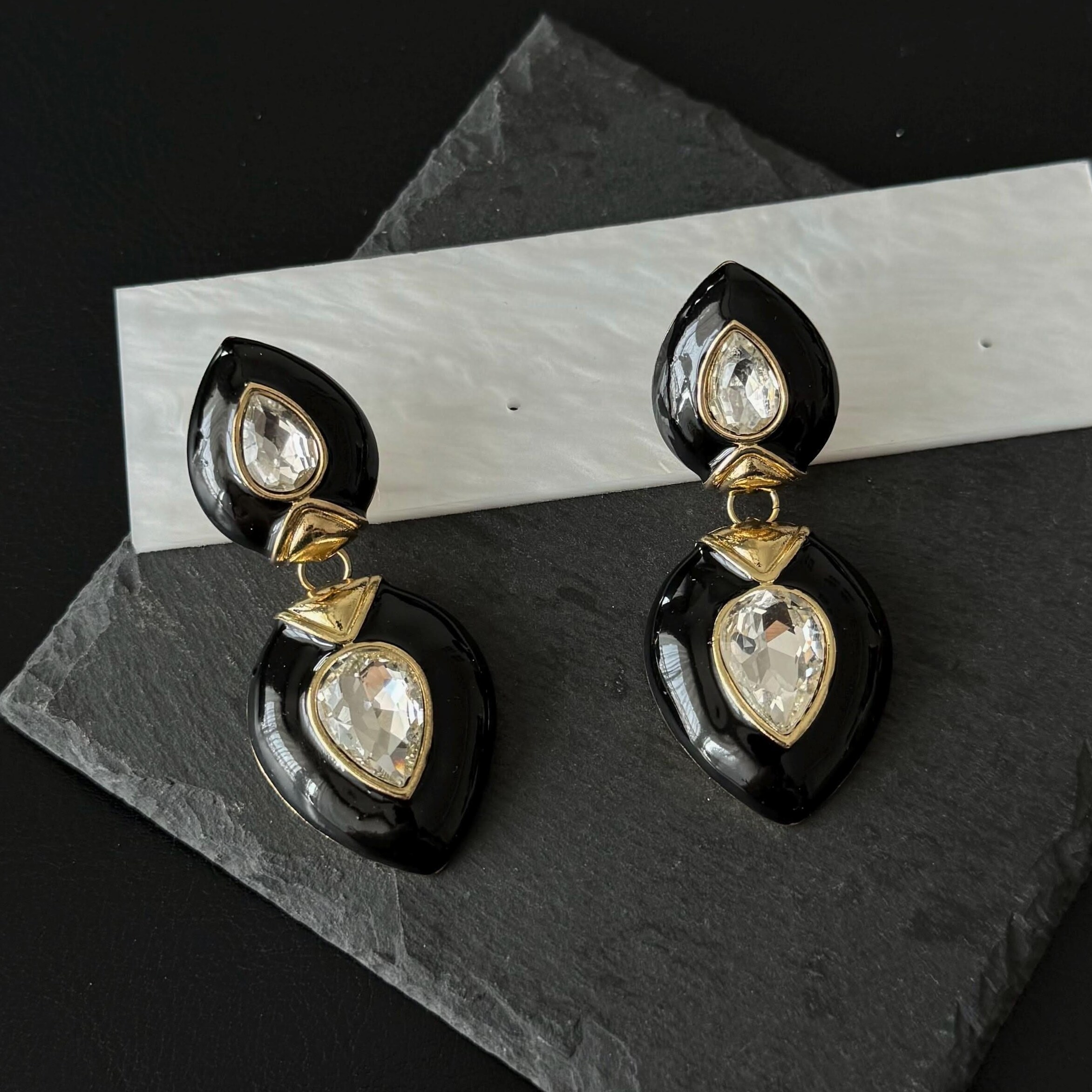 old hollywood glam • Retro Neon Teardrop Earrings, Glitch Art Gold Dangles, Vint 179