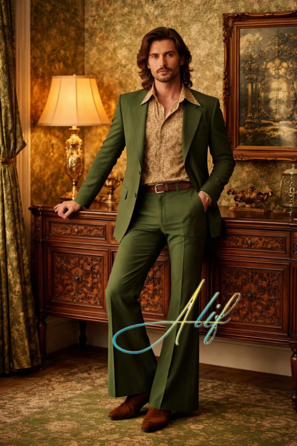 🌷 ✦ Olive Green 70s Flared Suit Neon Disco Vintage Glam Party Look 417