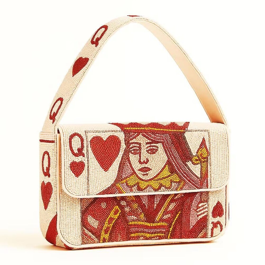 🎪 🕰️ 🎰 Red Beaded Clutch with Playing Card Accents — Handmade Regal Purse — aest 208