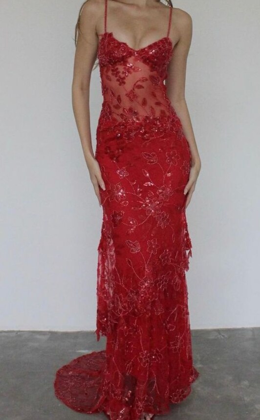 🚗 Red Lace Spaghetti Straps Birthday Gowns with Neon Vintage Charm – P690 | Cust 936