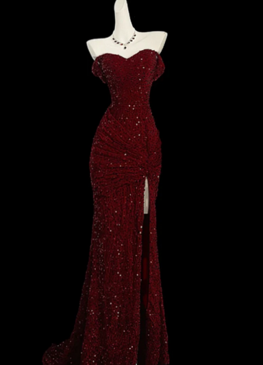 🎆 🔵 🌌 ✦ Red Mermaid Glam: Sequin Slit Gown for Neon Nights 265