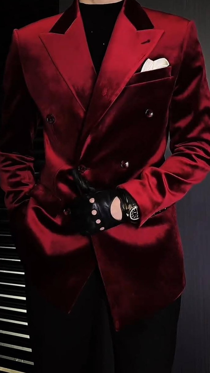 Red Velvet Neon Tuxedo Groom Suit – Vintage Luxe Partywear Design • 🦋 🦋 694