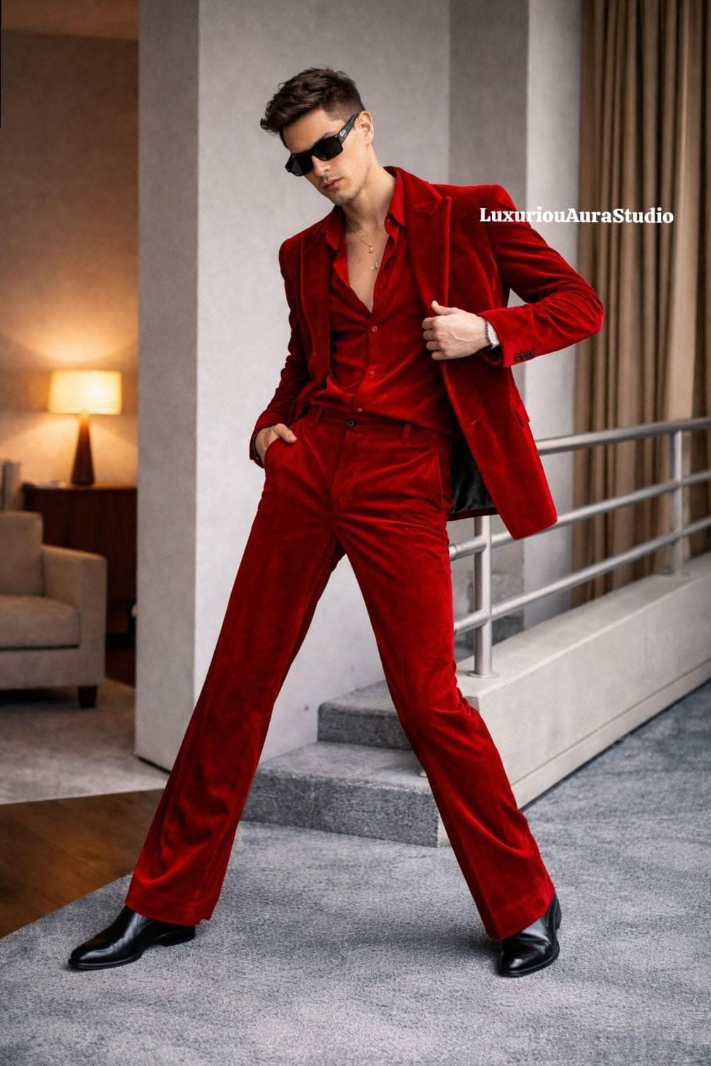 ✨ Red Velvet Suit Set with Glimmering Neon Trim — Bold Vintage Party Ensemble |  733