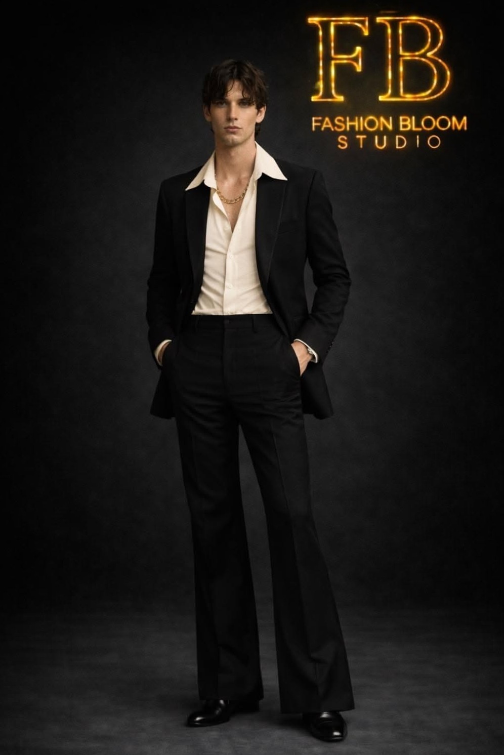 Retro Glam 70s Black Flared PantSuit Bold Lapel Vintage Wedding Ensemble ⟐ game  983