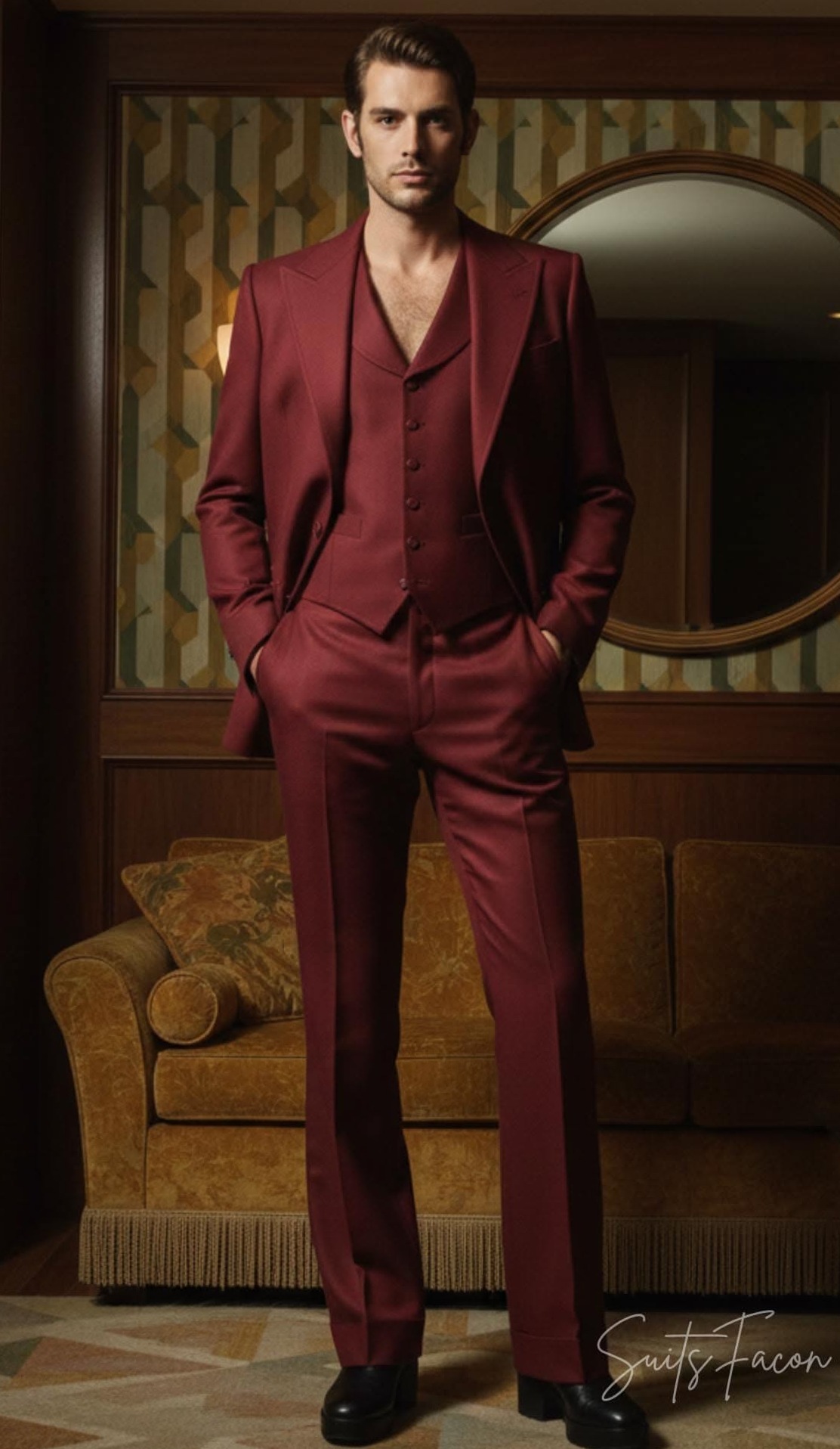 Retro Glow Tuxedo in Oxblood Red, 70s Slim Fit Precision ⟐ classic luxury aesthe 183