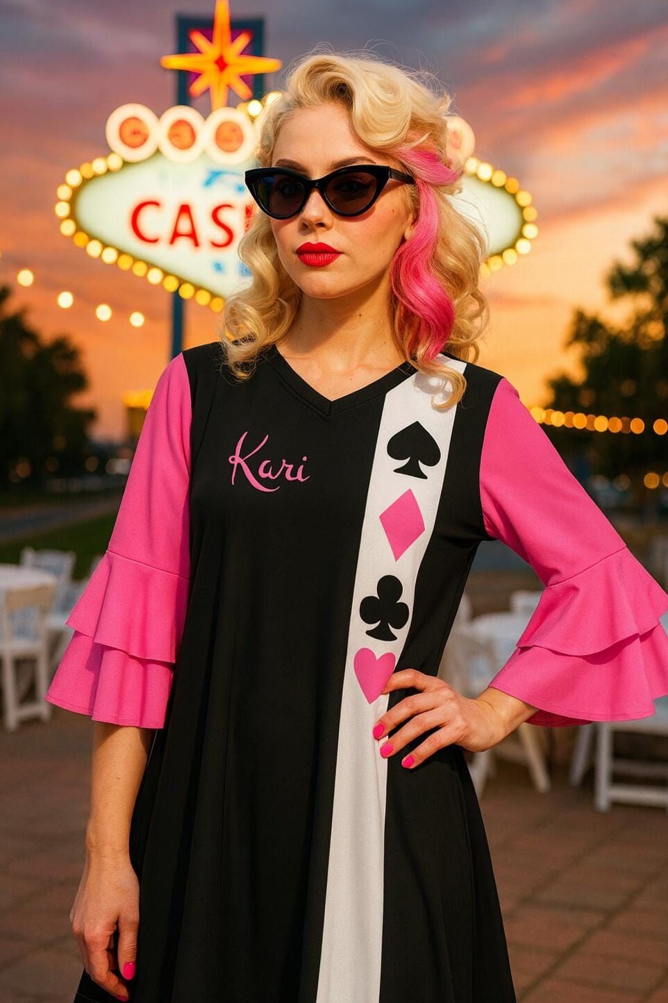 ✨ Retro Neon Game Night Gown | Custom Name Playing Card Party Wear | Vintage-Ins 325