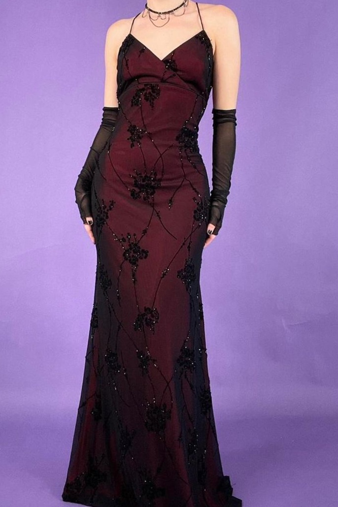 ✈️ ✦ Retro Neon Goth Prom Gown, 90s Dark Glam Revival 708