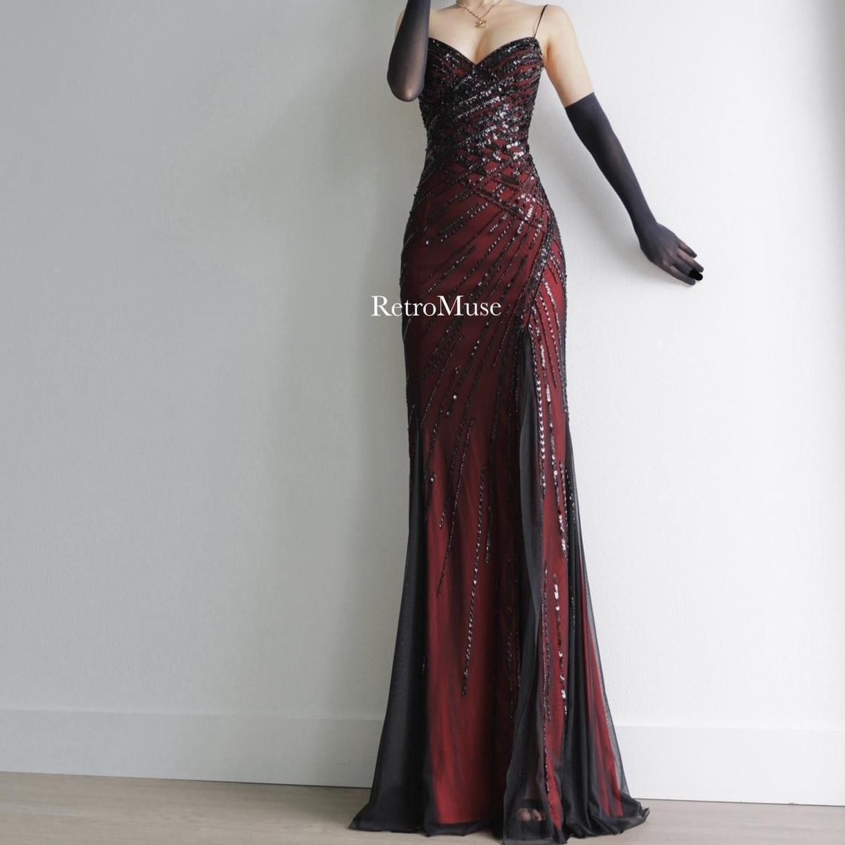 🖤 💎 ⟡ Retro-Neon Sequin Formal Dress in Bold Red and Black for Y2K Prom 210