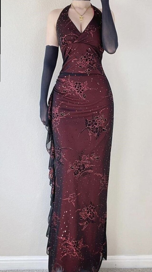 🌷 🌺 Retro Neon Sheath Gown — Black Red Halter Lace Prom Dress, LTP4140 | elevate 356
