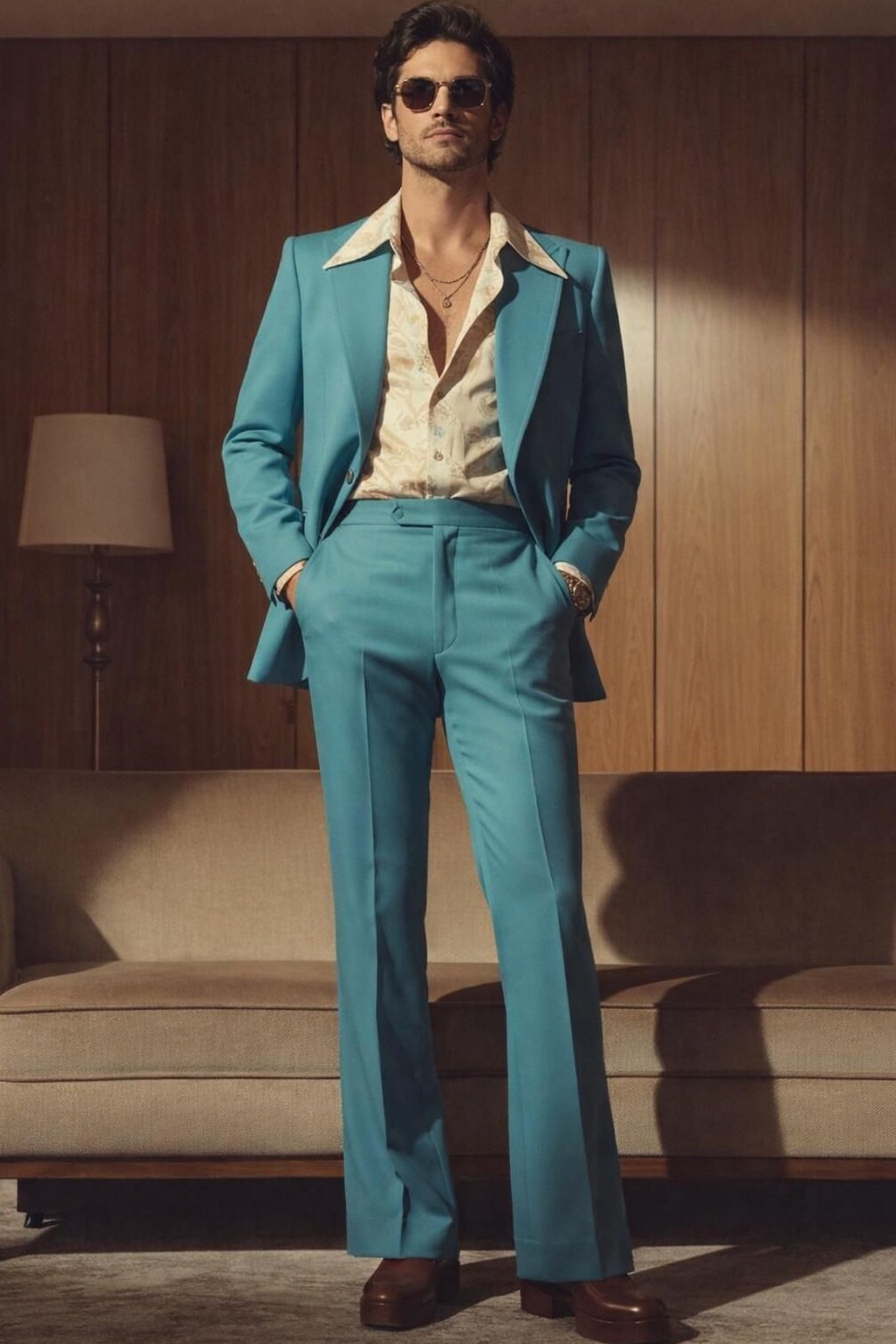 🌴 🏨 ✦ Retro Reverie in Teal Blue — 70s Inspired Men’s Suit 685