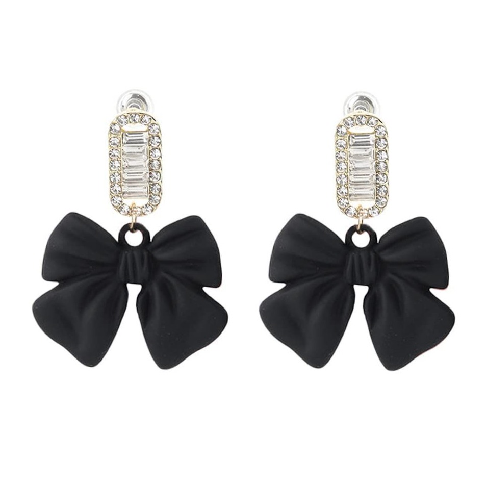 🖼️ ⟡ Rhinestone Ribbon Earrings in Matte Black & Red Square Crystal Bow Dangle f 378