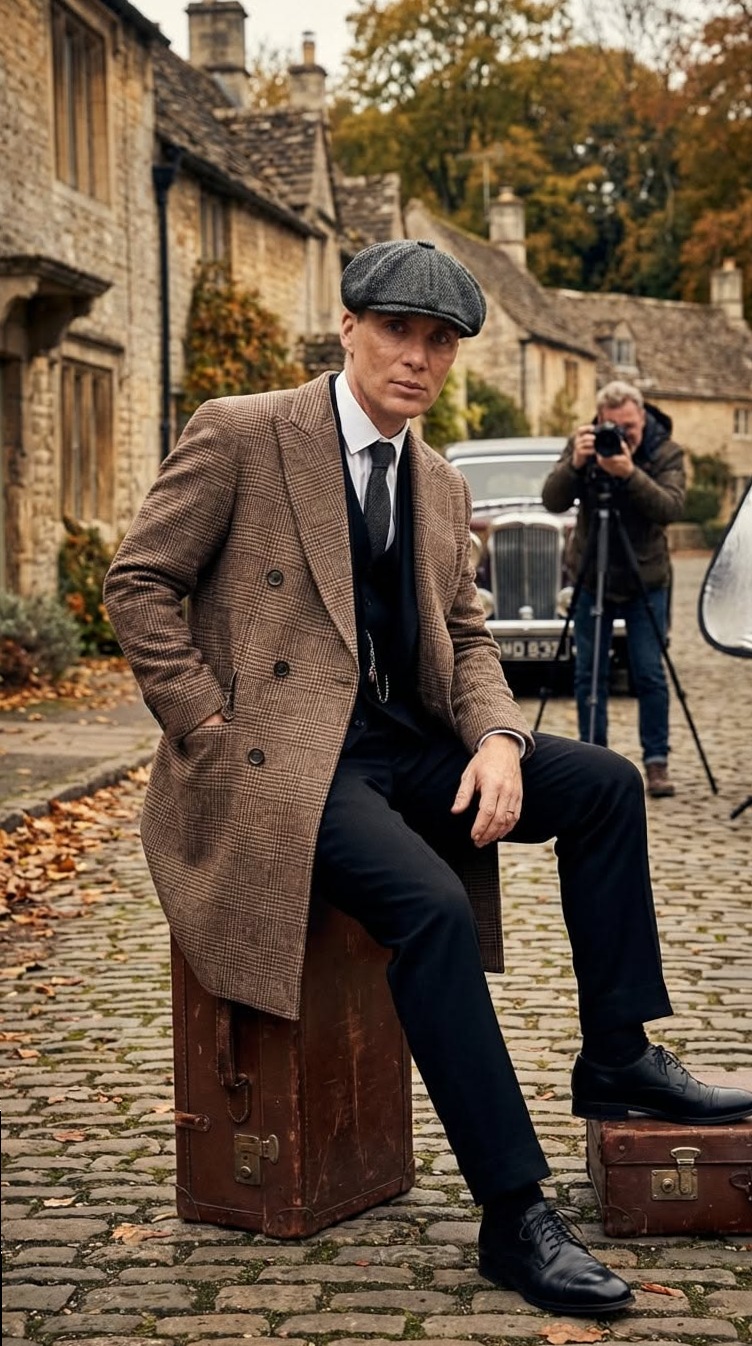 🎲 🕰️ Roaring Twenties Elegance: Peaky Blinders Gray Plaid Overcoat & Vintage Sui 531