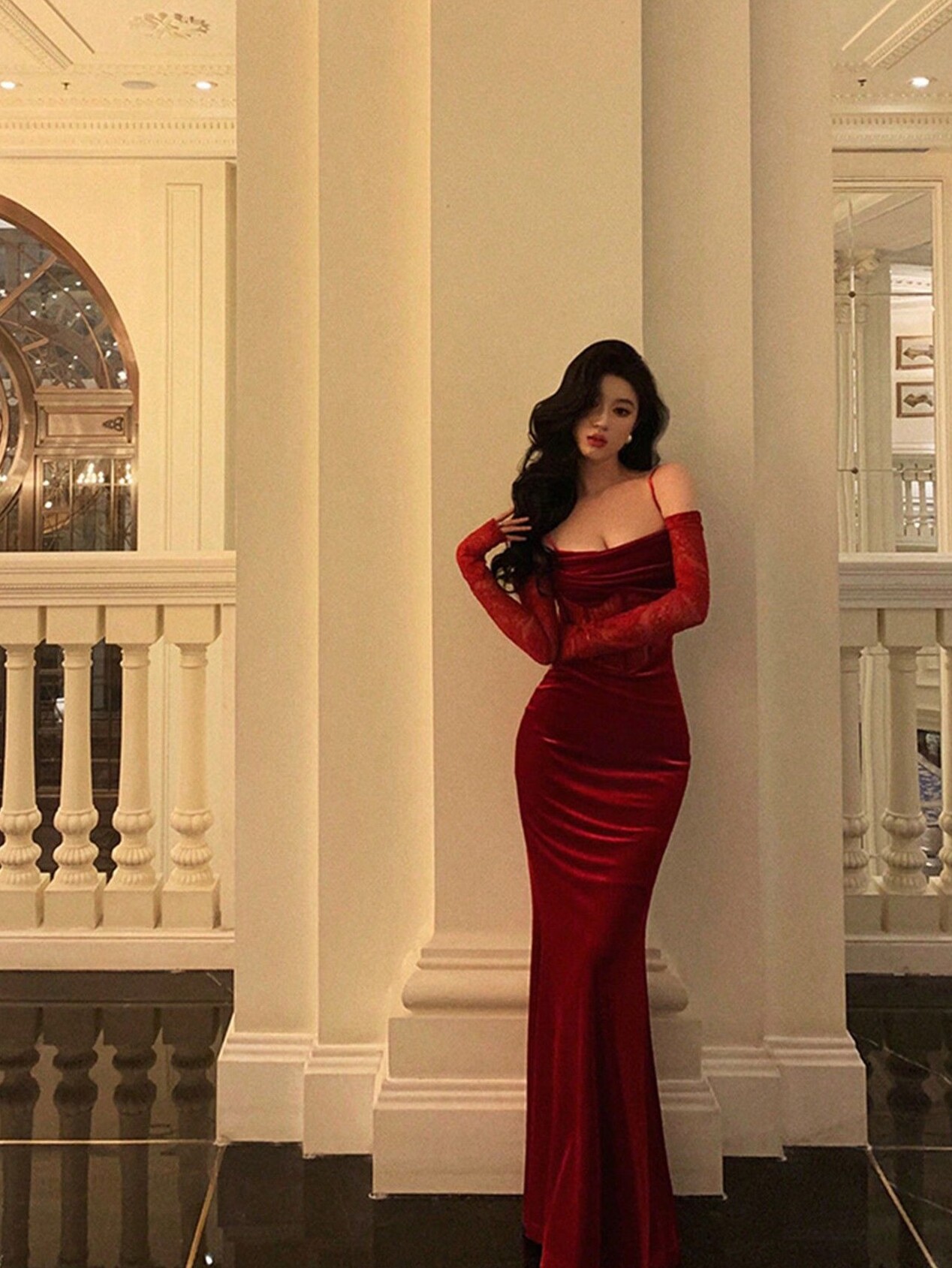 Sensuous Satin Siren Evening Gown with Velvet Trim and Lustrous Sheer Panels ⟐ d 280