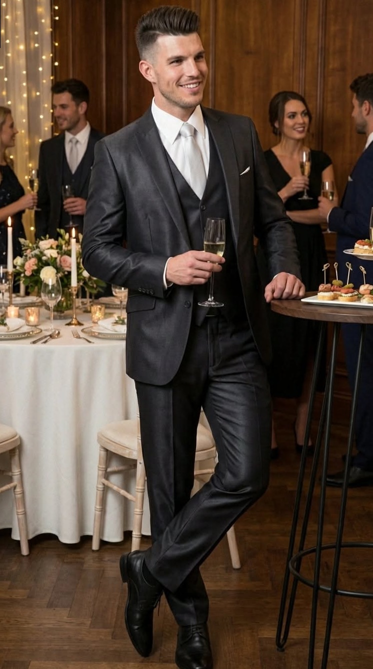 ⊹ Shiny Sharkskin Formal Suit With Vintage Neon Accents – Modern Fit Business &  943