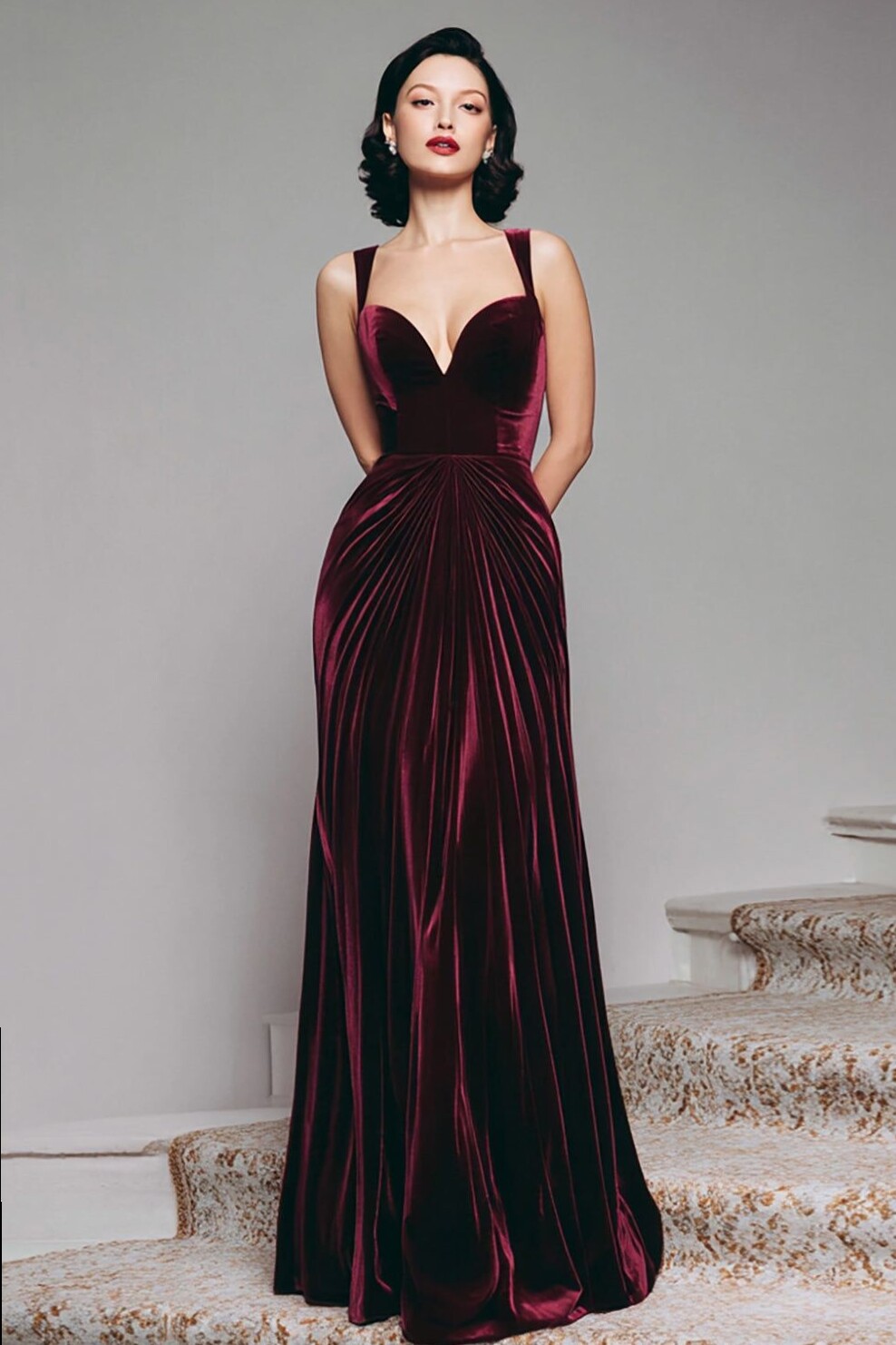 🌍 special occasion style ✦ Burgundy Velvet Mermaid Dress with Ruched Neckline an 253