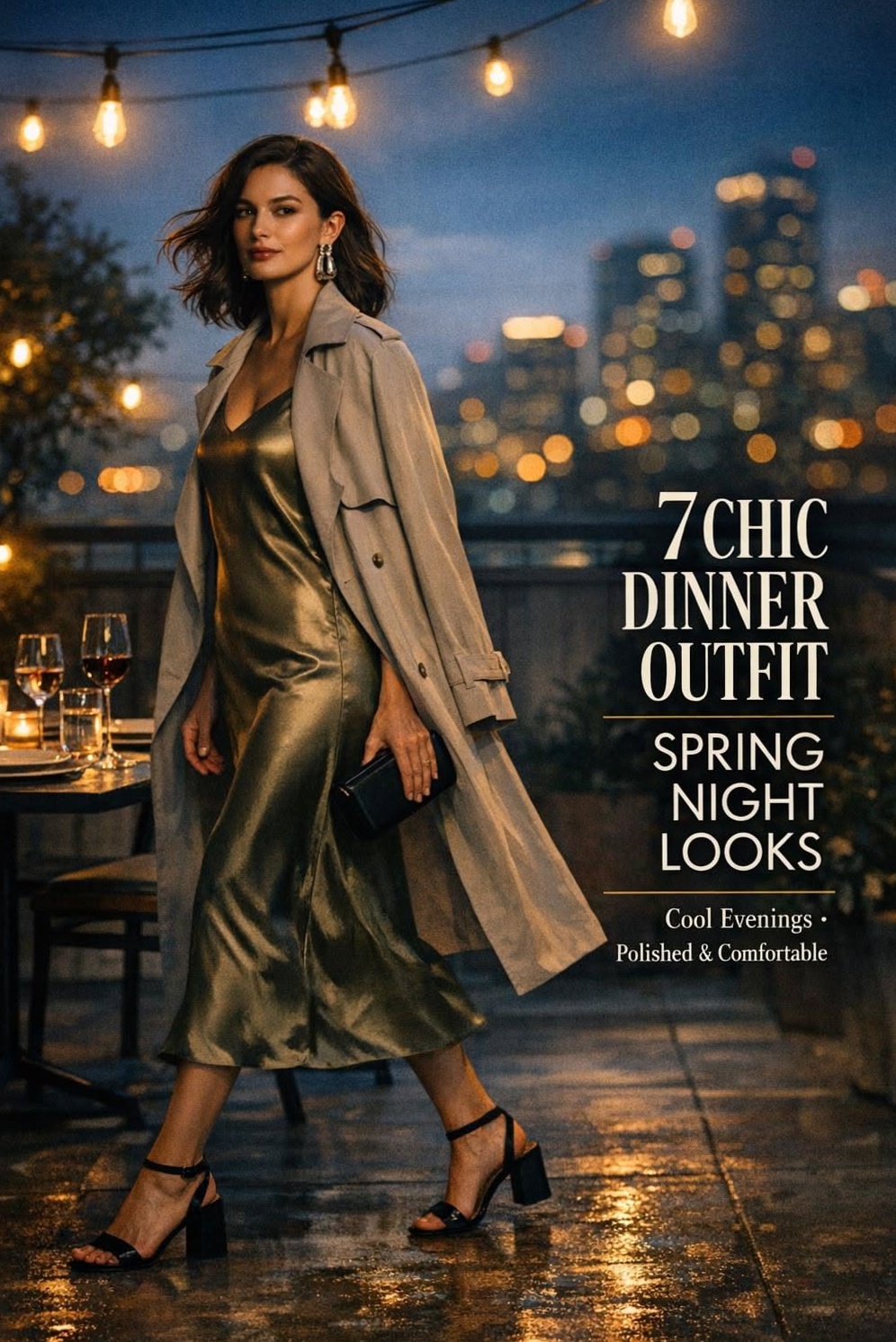 Spring Rooftop Glam: Satin Slip, Trench, Neon Hints Under Twinkling Lights — cit 853