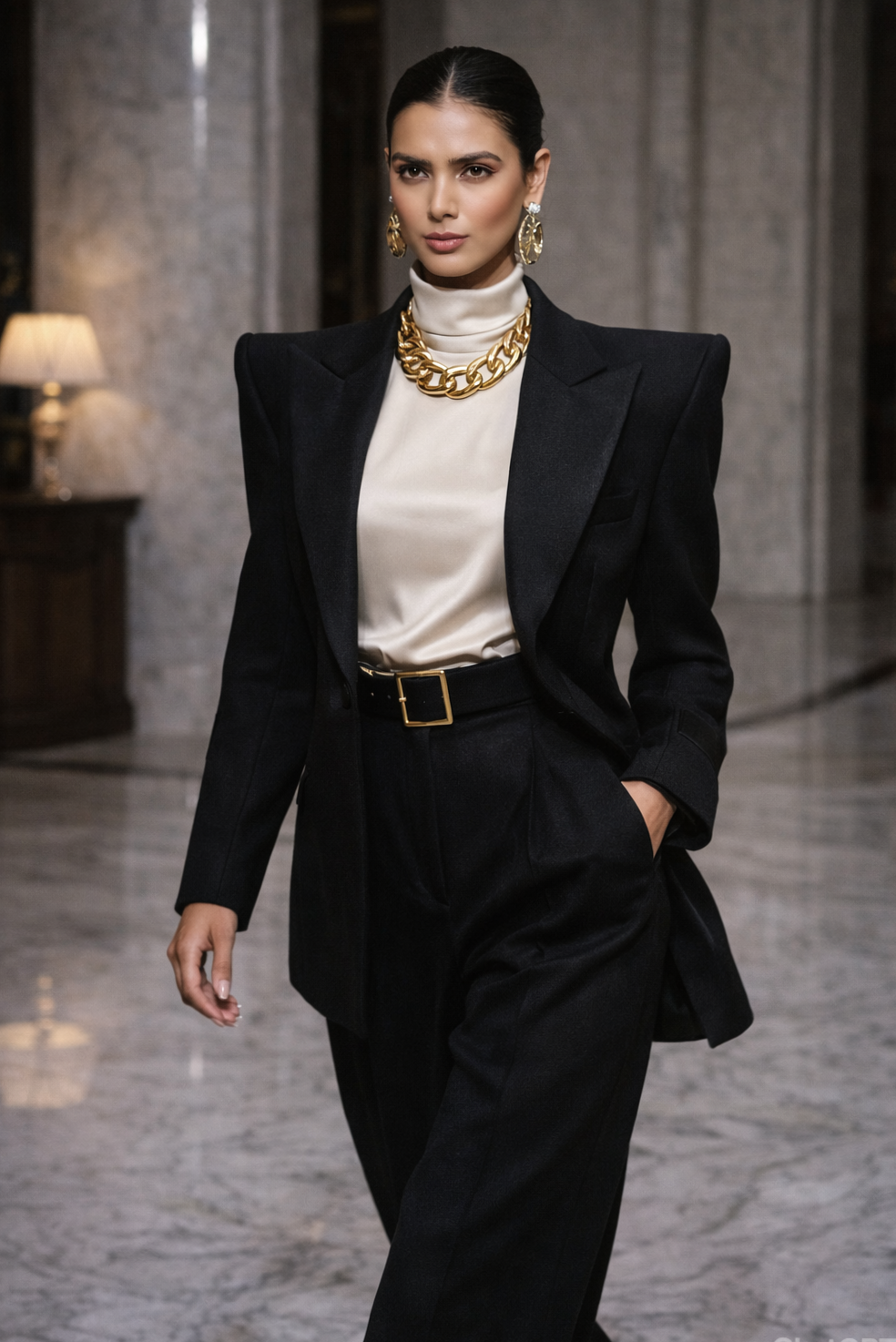 ui ux dreams: Neon Glow Power Suit with Bold Gold Accents & Sculpted Silhouette  518