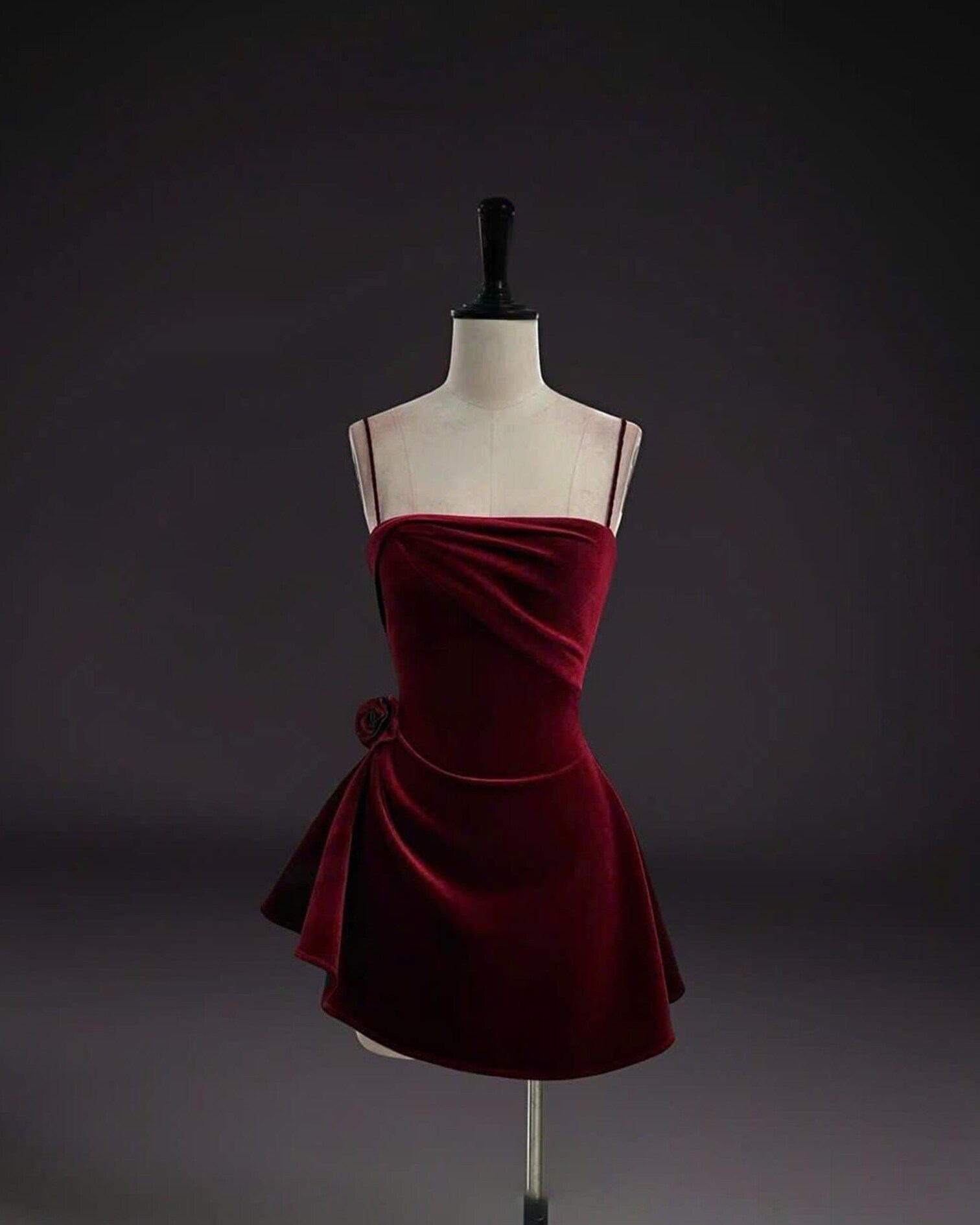 Velvet Red Rose Mini Dress | Handcrafted Strapless Asymmetric Gown with Draped D 523