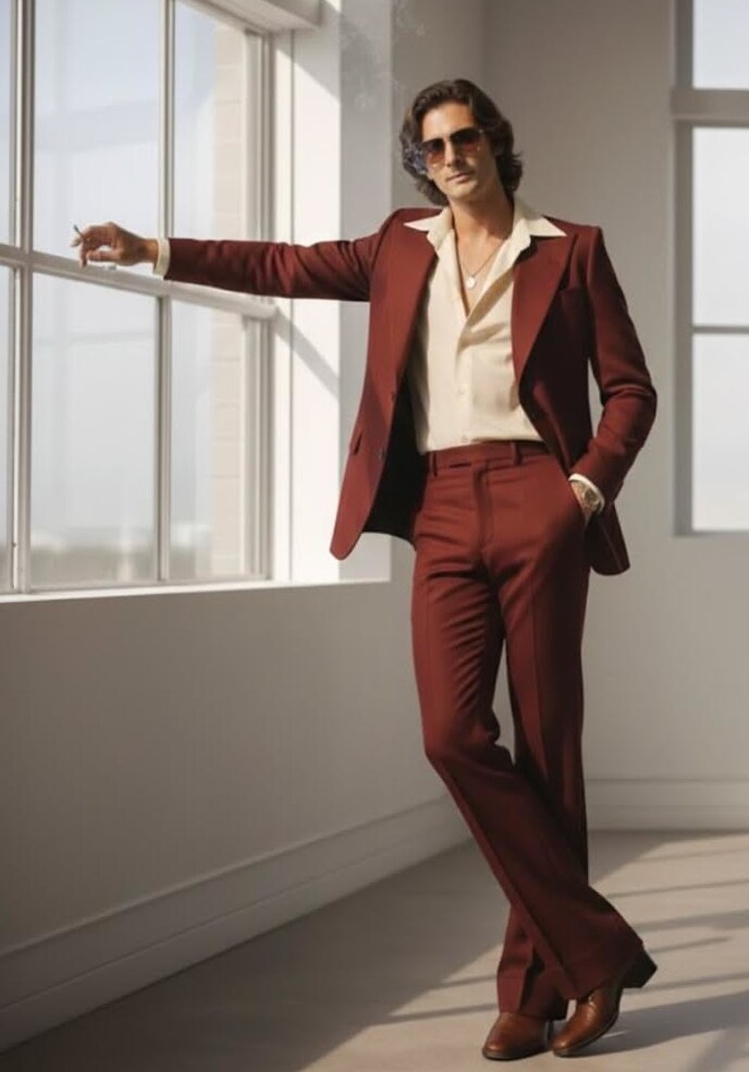 vintage design obsession ✧ Retro Glamour: 70s Burgundy Terry Rayon Flare Suit fo 733