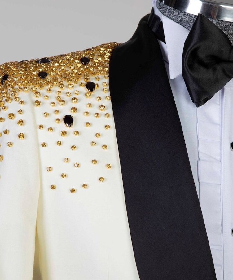 Vintage Slimfit Tuxedo Suit With Golden Stones And Bow Tie Elegance 📻 606
