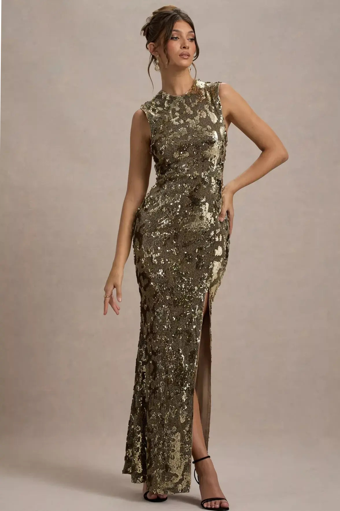 visual game aesthetic: 🗝️ 🗝️ Cleopatra Gold Sequin Split Maxi Dress in Neon Luxu 790