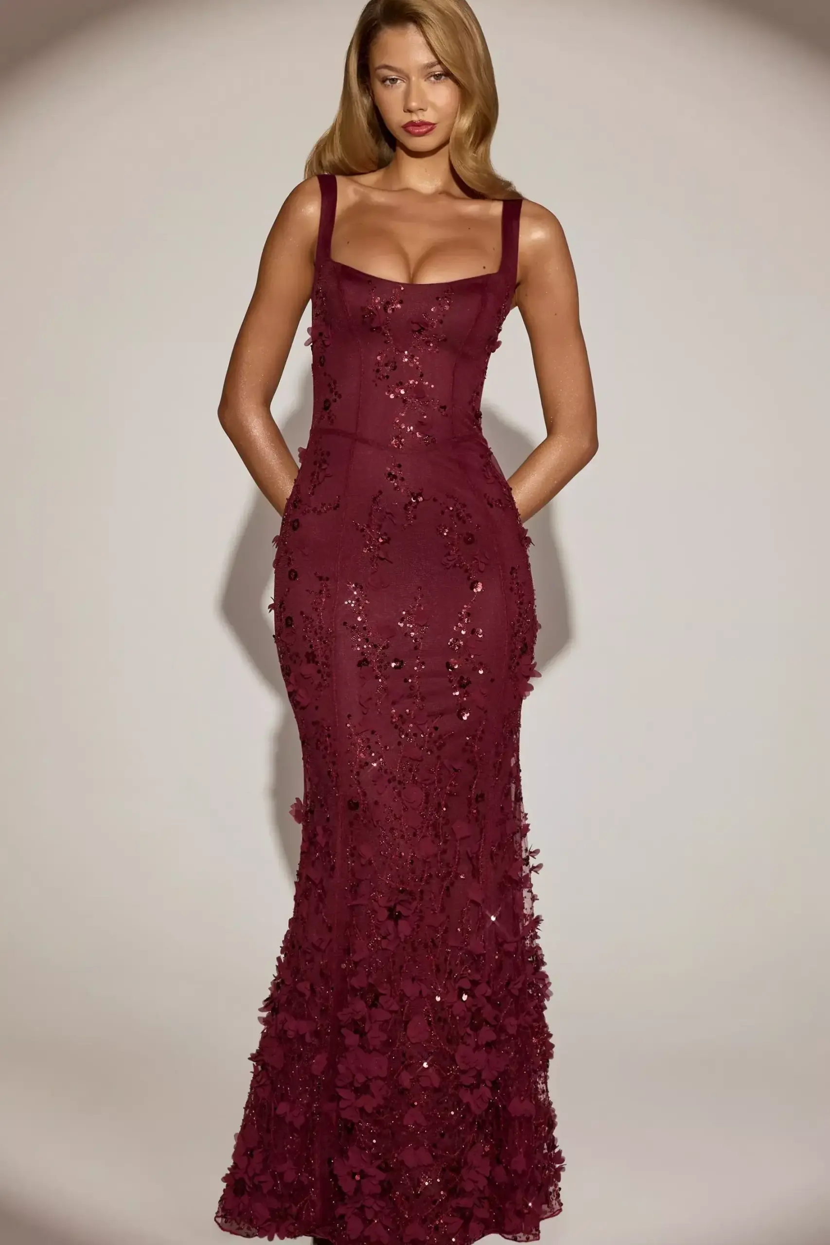 👠 🥳 Wine-Hued Appliqué Gown with Luminous Neon Trim 864