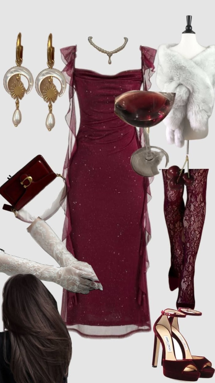 Wine Red Evening Dress | Neon Gothic Romance in Vintage Luxury Art • 🍾 🥳 289