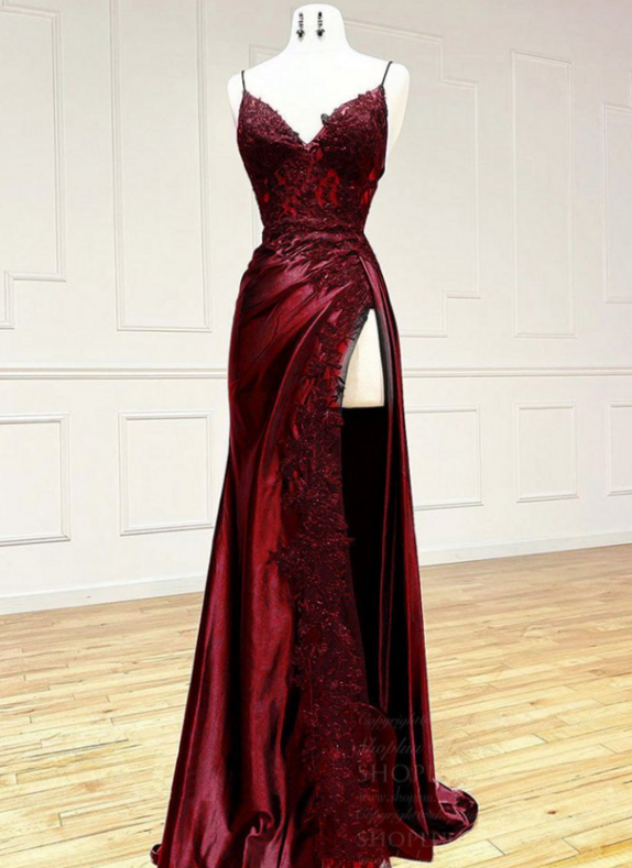 ✈️ ⟡ Wine Red Satin Lace V-Neck Prom Dress in Glowing Neon Elegance 132