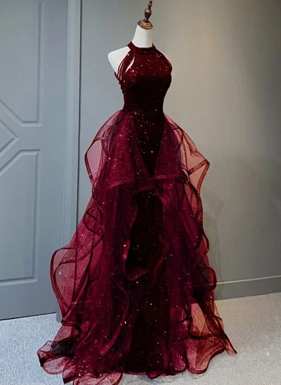 Wine Red Sequins Tulle Halter Dress — Neon Vintage Party Elegance • ⚡ 🔵 💟 151