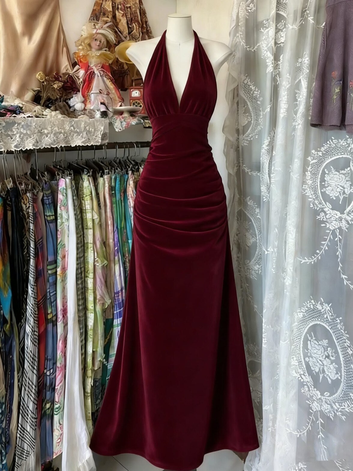 Wine Red Velvet Maxi Dress with Ruched Back — US 6 ⟐ toast to good times 522