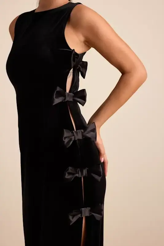 Cordelia Black Velvet Bow Cutout Column Maxi Dress in Neon Glow • 👢 👗 327
