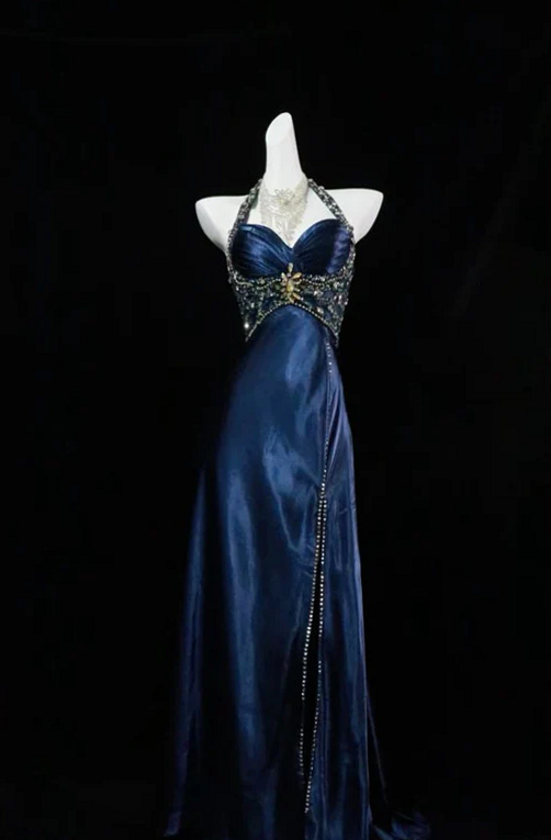 antique treasure hunt ✧ Neon-Etched Navy Beaded Halter Gown for Midnight Glam 🎀  617