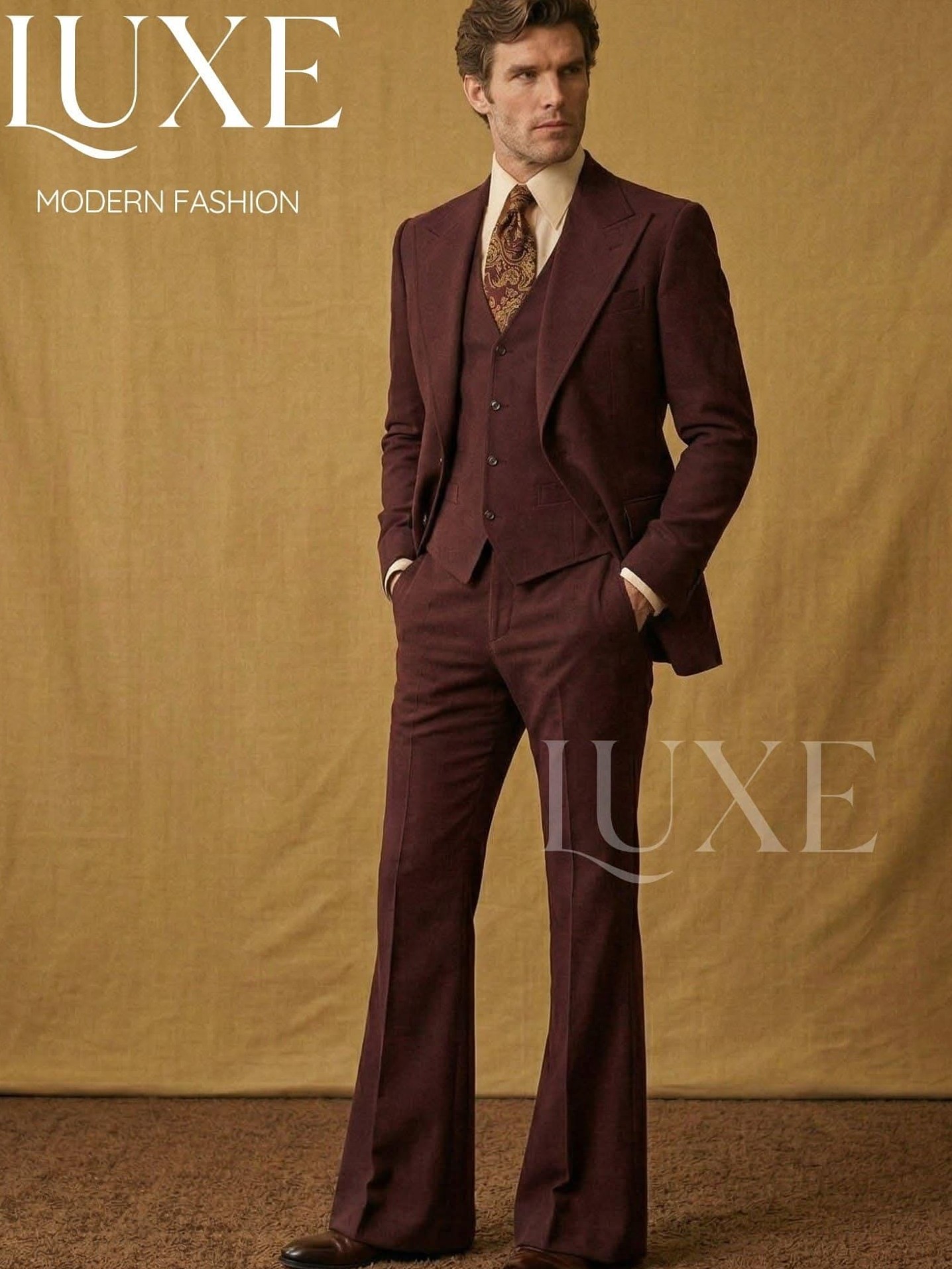 art deco elegance: 🏙️ 🚗 Men’s 70s Burgundy Suit Set Retro Flare Boho Wedding Sty 253
