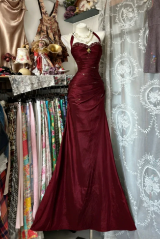 🌼 Blue Beaded Satin Mermaid Dress Vintage Halter Glow-Up — aesthetic edit 234