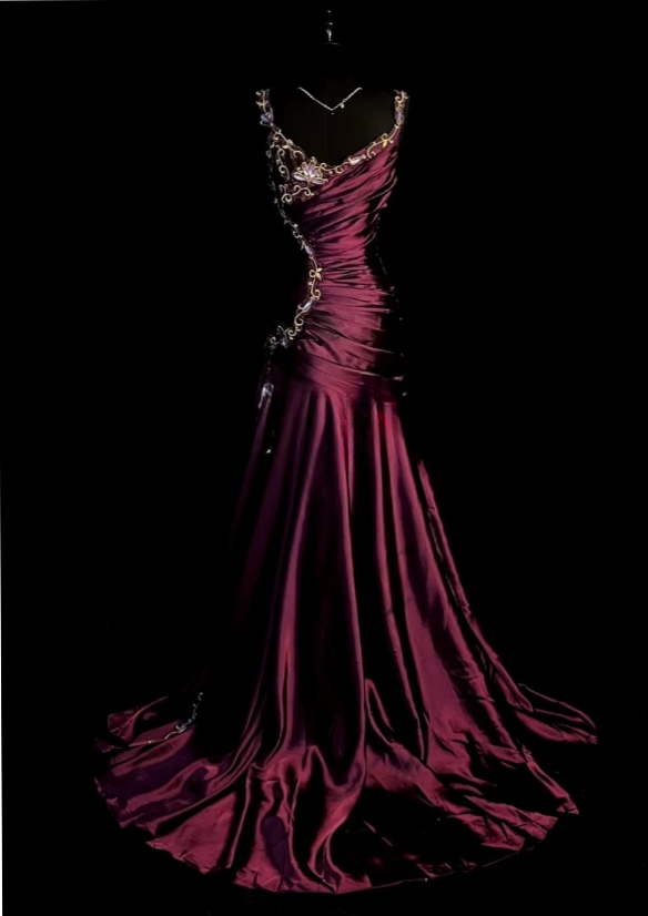 Burgundy Satin Glow, Embroidered V-Neck Evening Elegance • 🤍 211