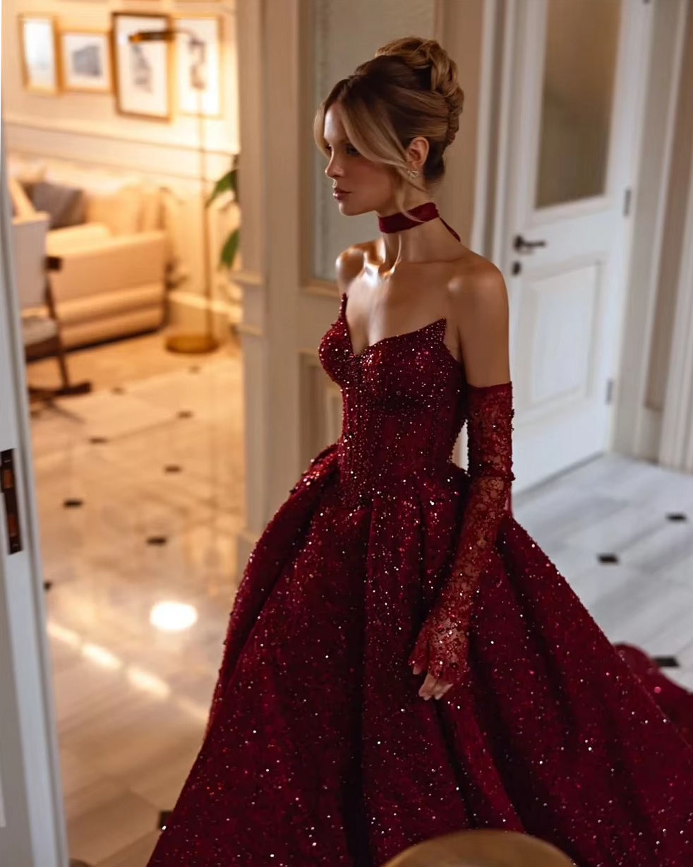 Burgundy Strapless A-line Prom Gowns in Neon Vintage Glam ⟐ midnight city mood 907